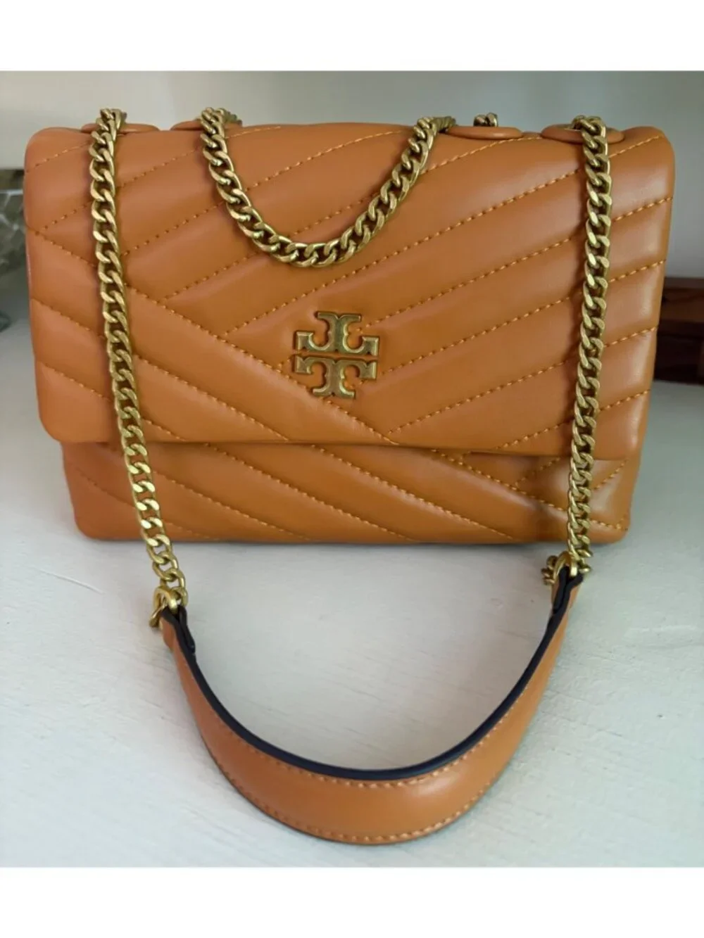NWT Tory Burch Kira Chevron Leather Convertible Shoulder Bag Squash Orange